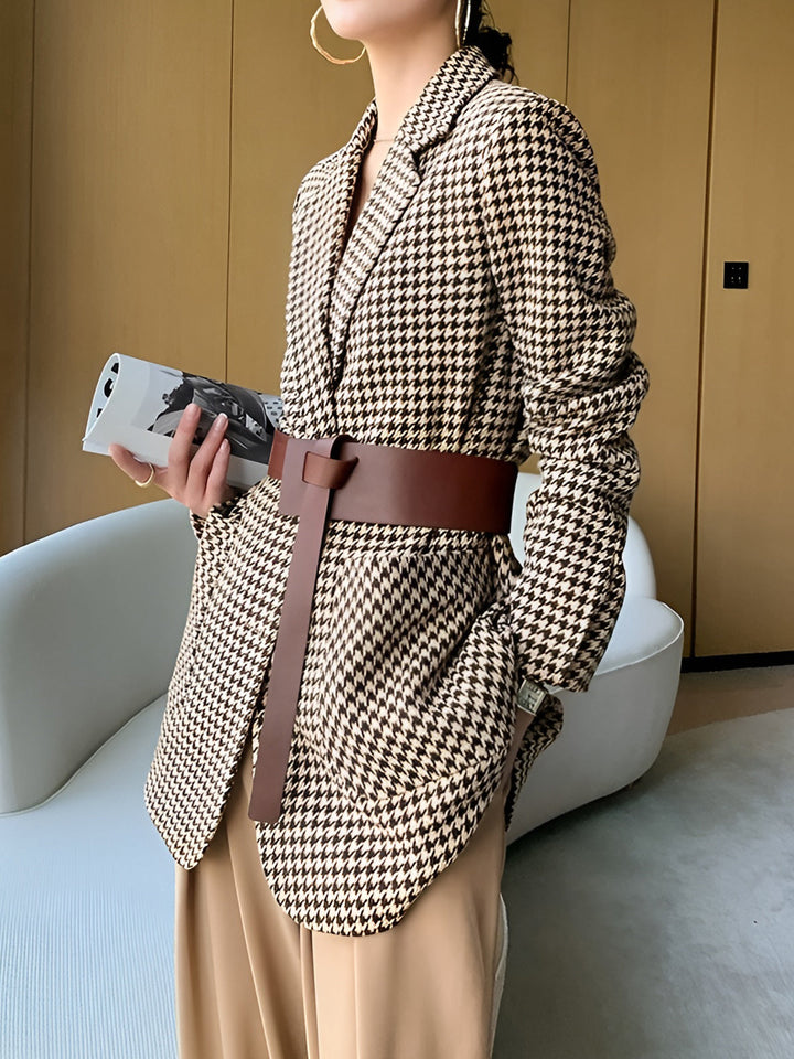 Damen Hahnentritt Blazer mit Knöpfen, Gürtel und Taschen
