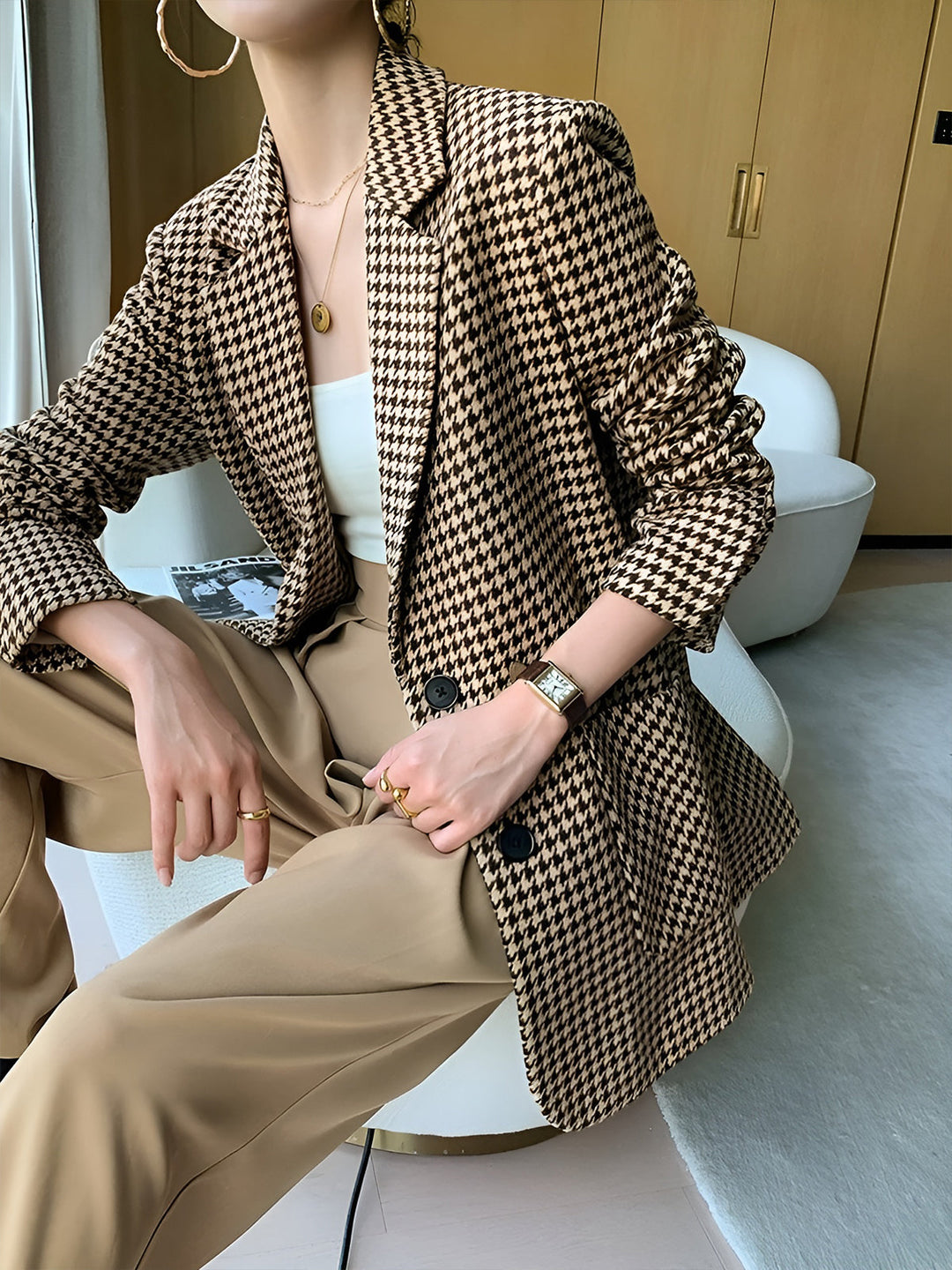 Damen Hahnentritt Blazer mit Knöpfen, Gürtel und Taschen