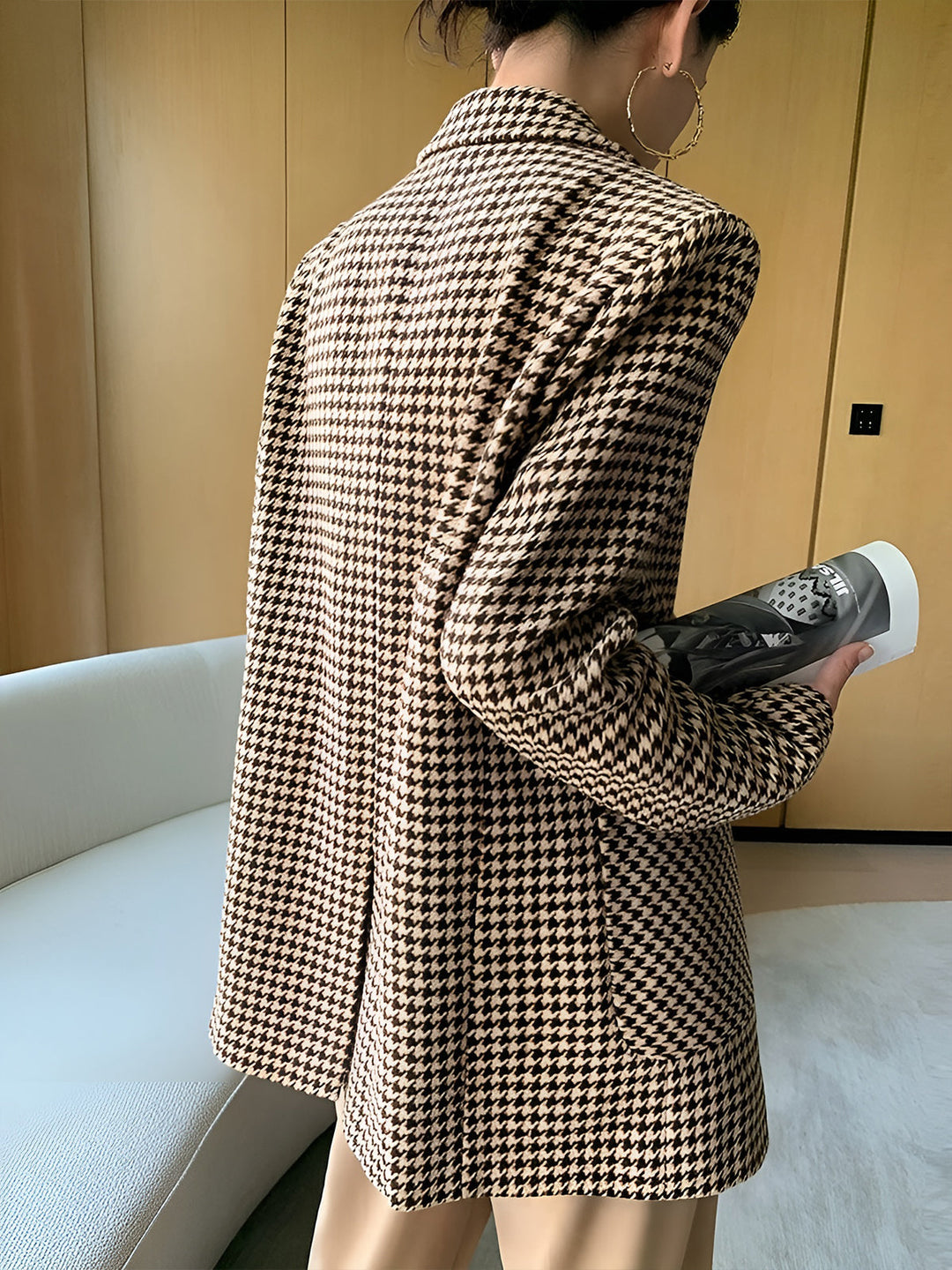 Damen Hahnentritt Blazer mit Knöpfen, Gürtel und Taschen