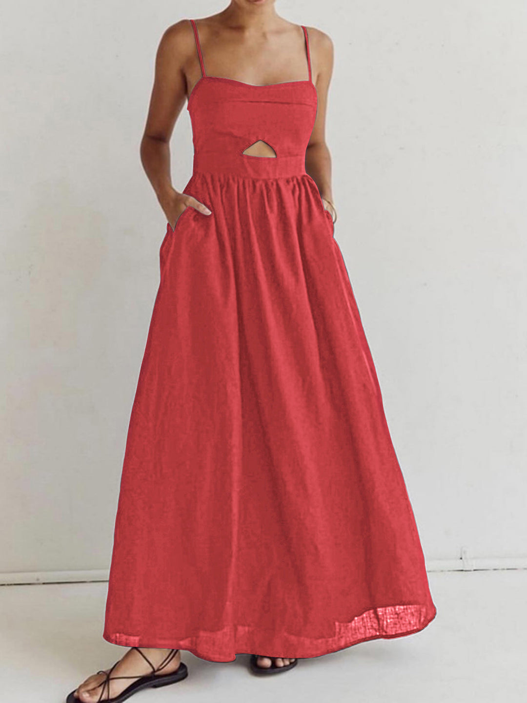 Damen ärmelloses Maxikleid mit Taschen und Cut-Out