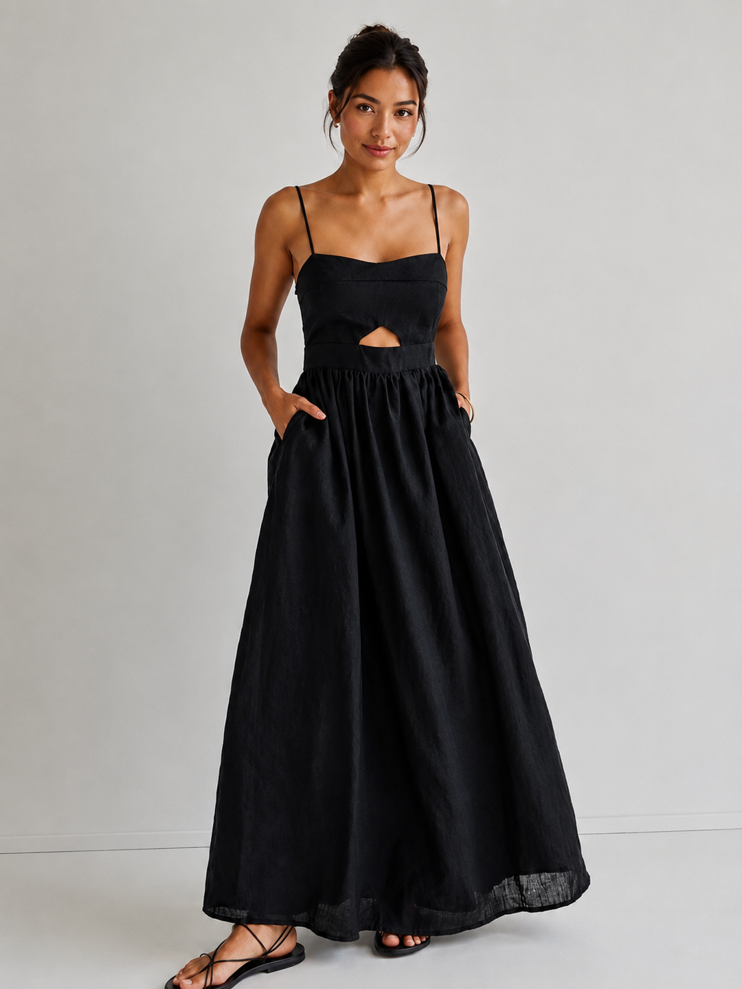 Damen ärmelloses Maxikleid mit Taschen und Cut-Out