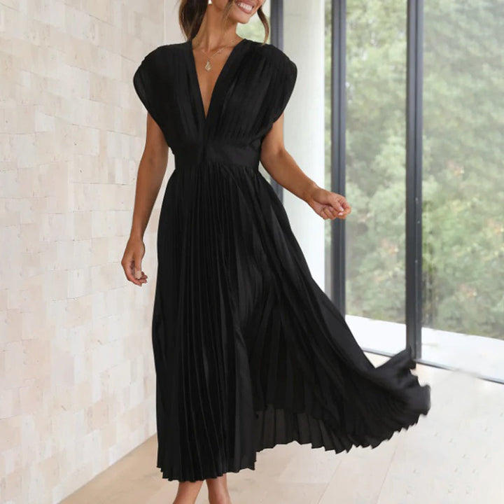 Cassia | Elegantes Midikleid für Damen mit V-Ausschnitt und kurzen Ärmeln