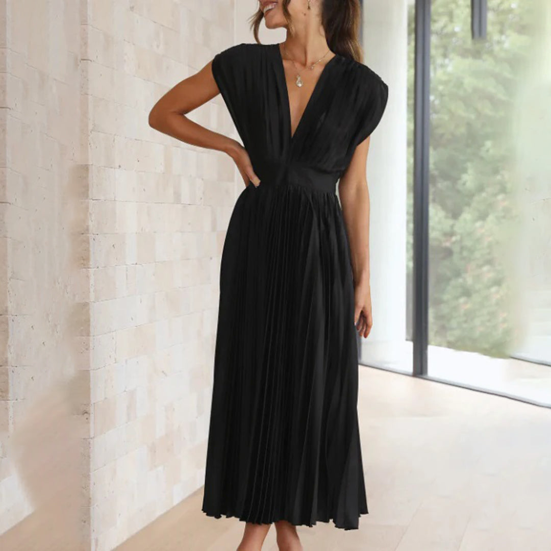 Cassia | Elegantes Midikleid für Damen mit V-Ausschnitt und kurzen Ärmeln