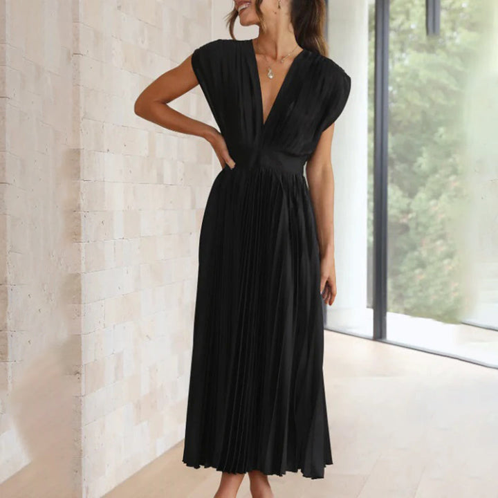 Cassia | Elegantes Midikleid für Damen mit V-Ausschnitt und kurzen Ärmeln