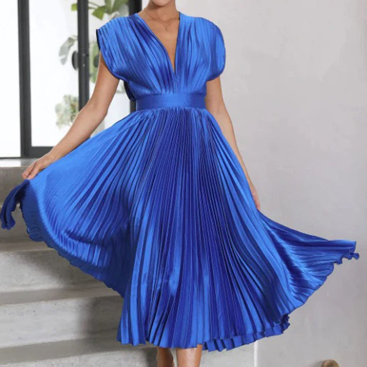 Cassia | Elegantes Midikleid für Damen mit V-Ausschnitt und kurzen Ärmeln
