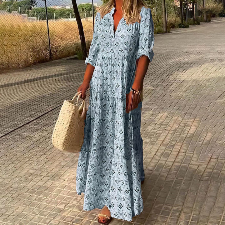 Clarissa | Schickes Boho-Maxikleid für Damen mit V-Ausschnitt und kurzen Ärmeln