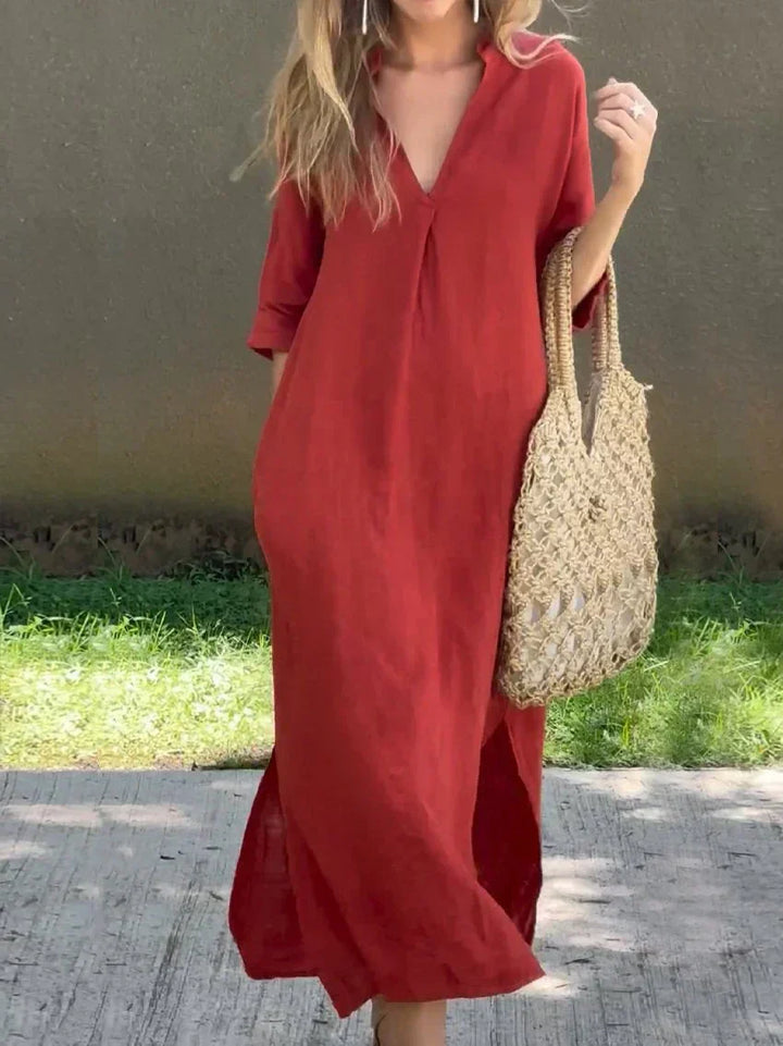 Amalie | Lässiges Freizeitkleid für Damen mit V-Ausschnitt und 3/4-Ärmeln