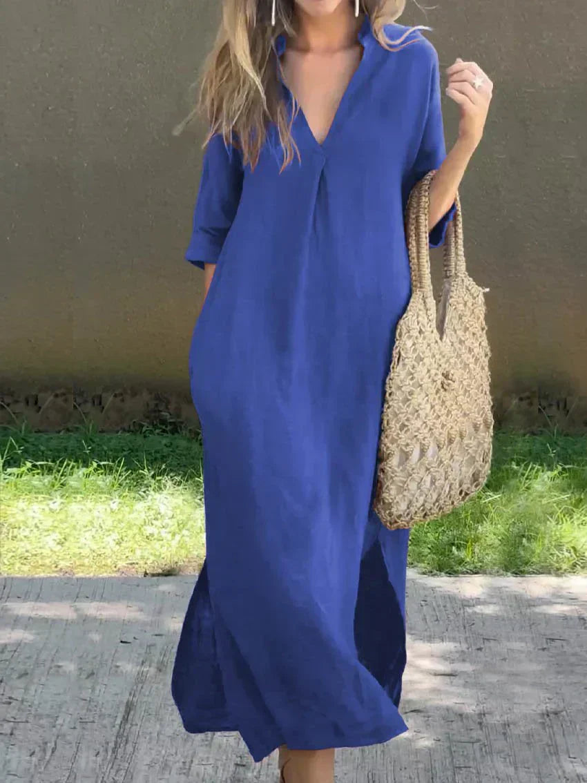 Amalie | Lässiges Freizeitkleid für Damen mit V-Ausschnitt und 3/4-Ärmeln