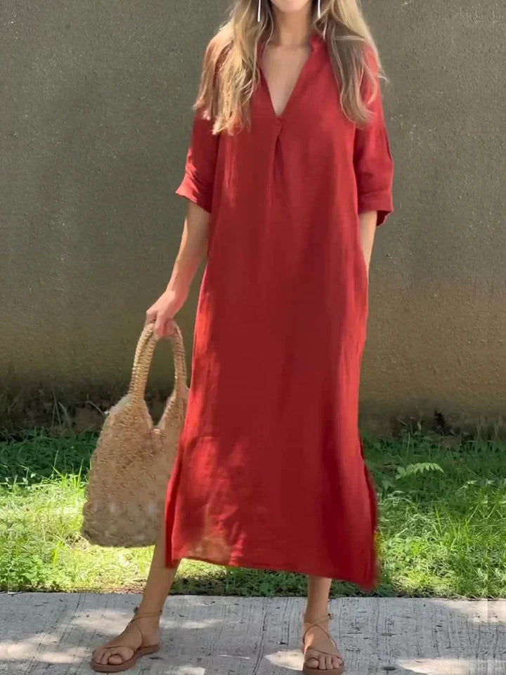 Amalie | Lässiges Freizeitkleid für Damen mit V-Ausschnitt und 3/4-Ärmeln