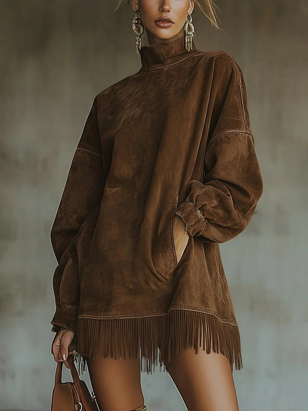 Sheri | s Wildleder-Fransenkleid für Damen mit Stehkragen und langen Ärmeln