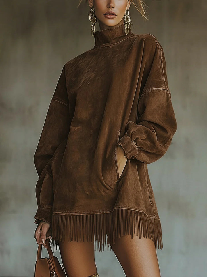Sheri | s Wildleder-Fransenkleid für Damen mit Stehkragen und langen Ärmeln