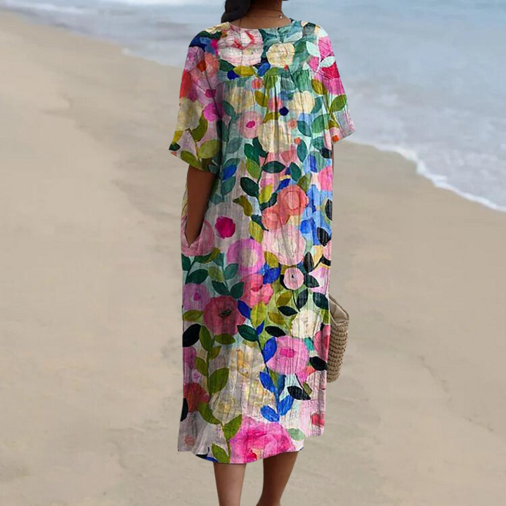 Miles | Damen Buntes Blumenkleid mit V-Ausschnitt und kurzen Ärmeln