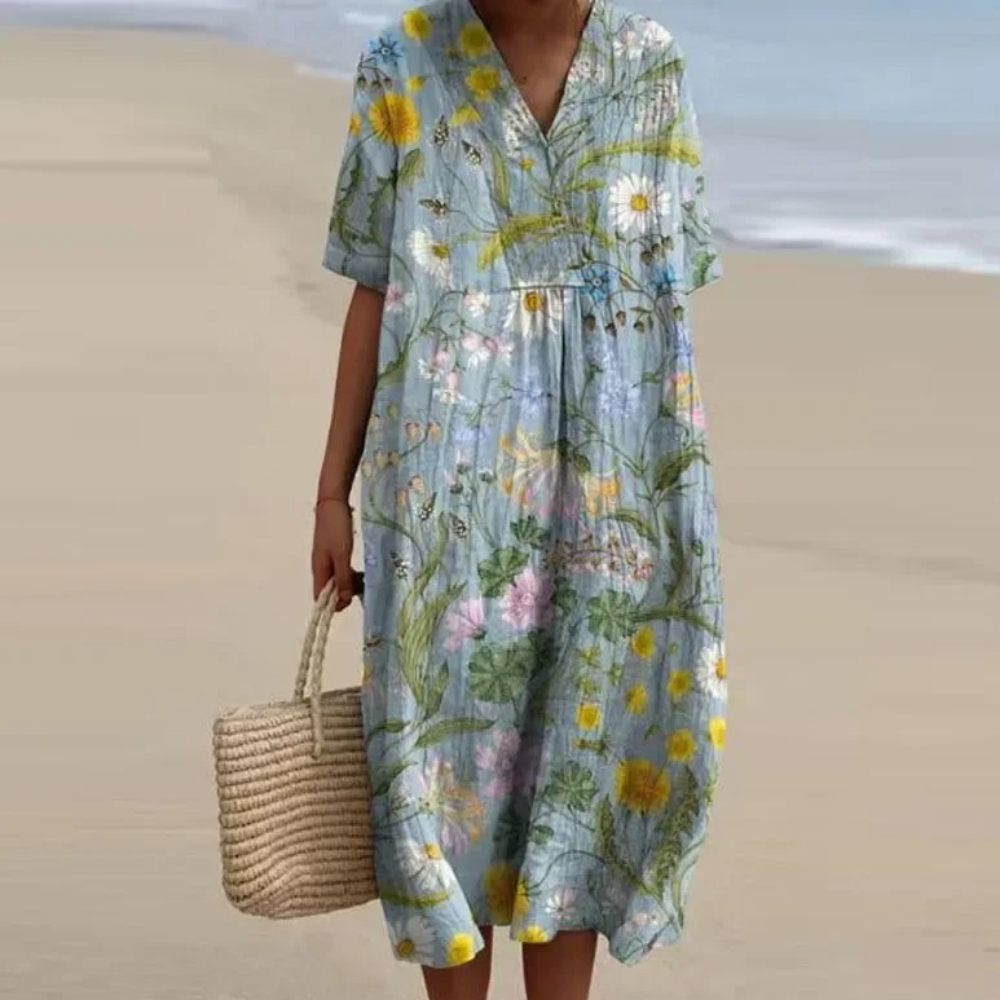 Miles | Damen Buntes Blumenkleid mit V-Ausschnitt und kurzen Ärmeln