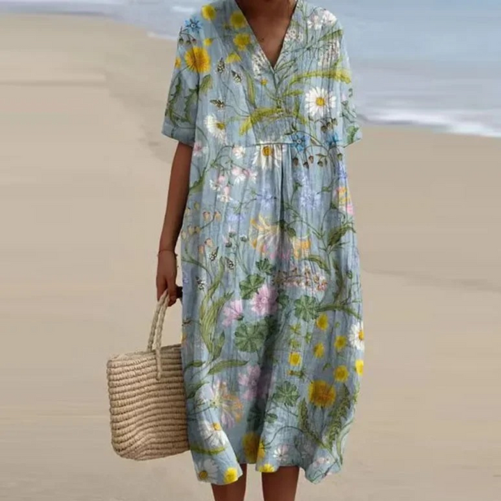 Miles | Damen Buntes Blumenkleid mit V-Ausschnitt und kurzen Ärmeln