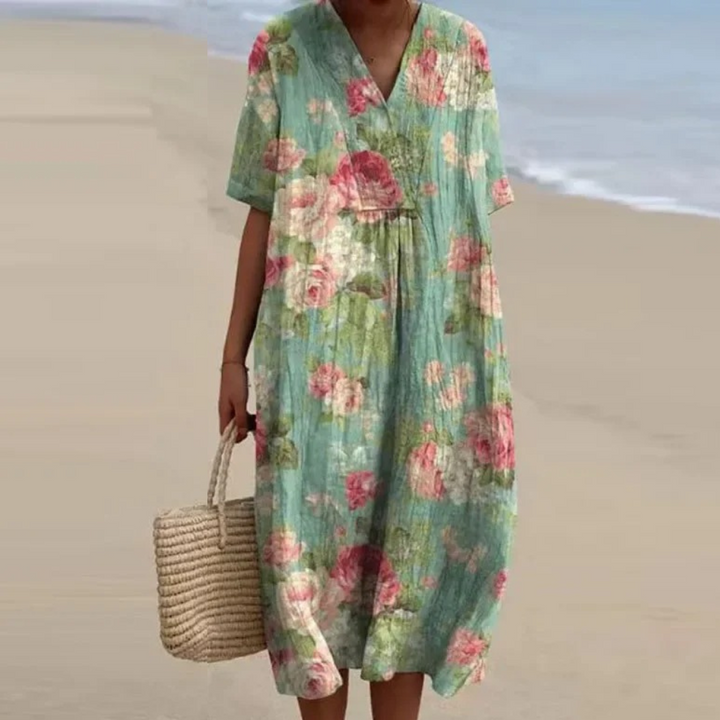 Miles | Damen Buntes Blumenkleid mit V-Ausschnitt und kurzen Ärmeln