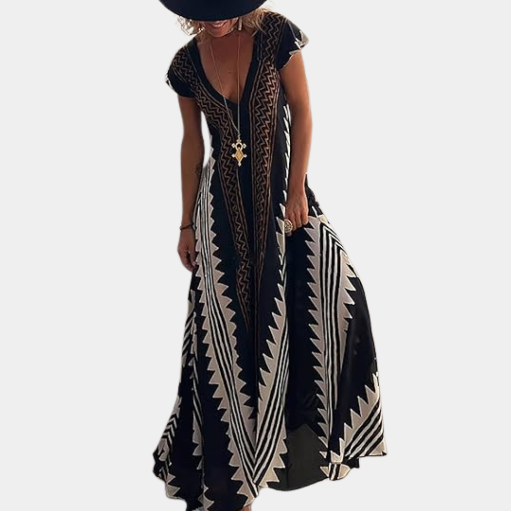 Hannah | Damen Kurzarm V-Ausschnitt Maxikleid
