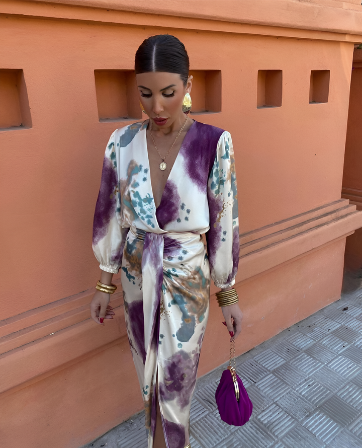 Mirella | Elegantes Maxikleid für Damen mit V-Ausschnitt und langen Ärmeln