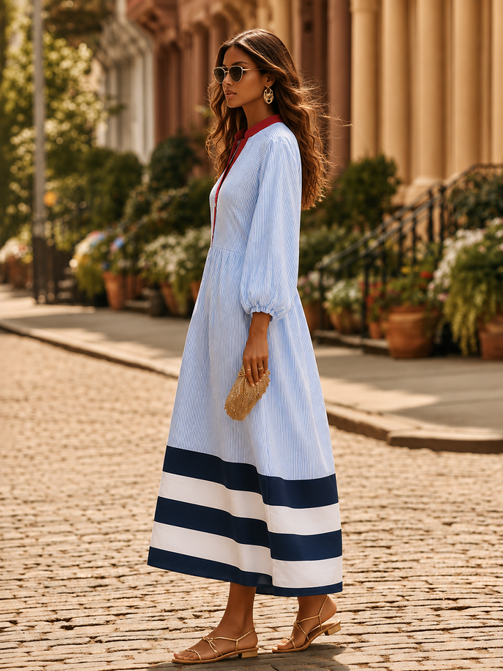 Damen Gestreiftes Langärmeliges Stehkragen Midikleid mit Knöpfen