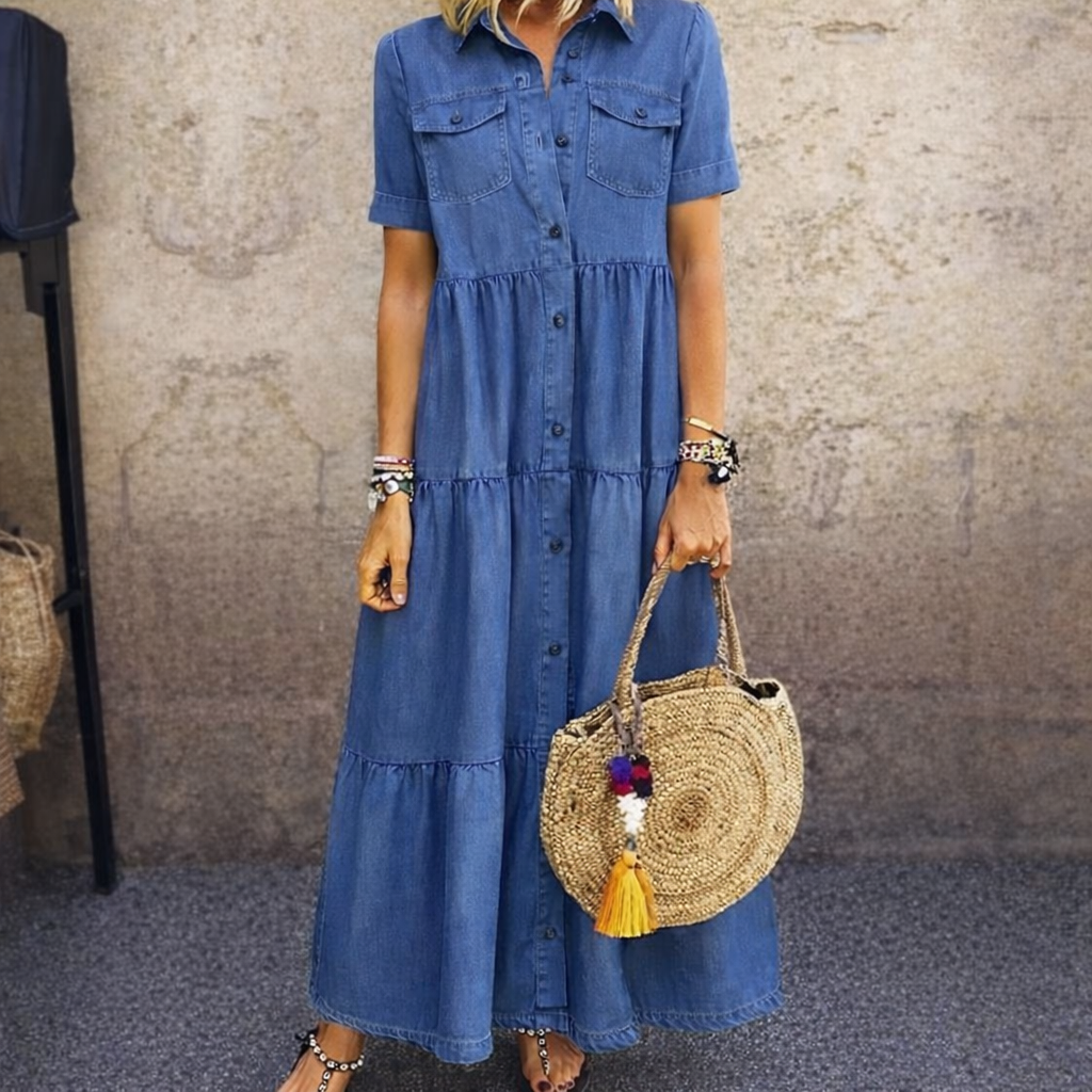Charlotte | Damen Maxikleid mit kurzen Ärmeln und Taschen