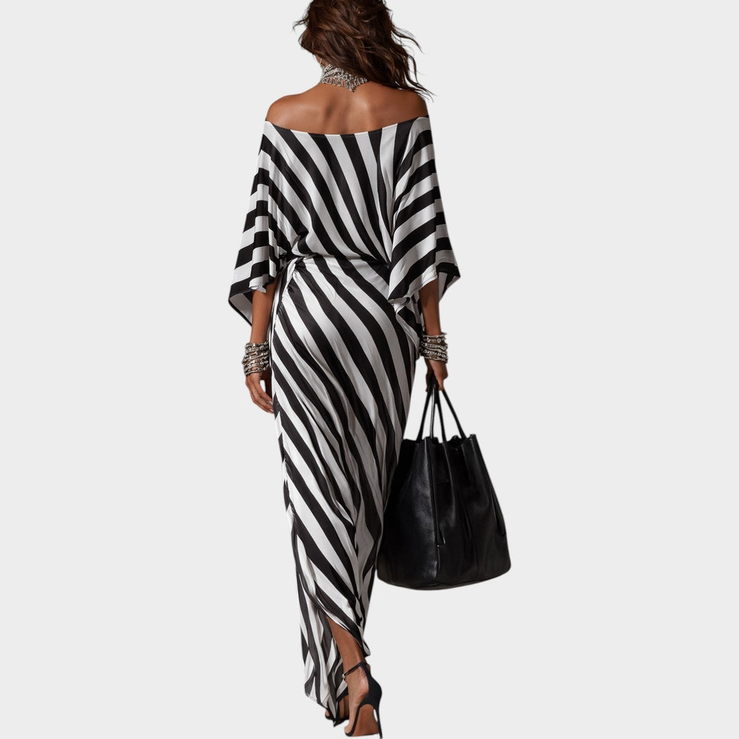 Damen Streifen-Maxikleid mit Off-Shoulder-Ausschnitt und Bindegürtel