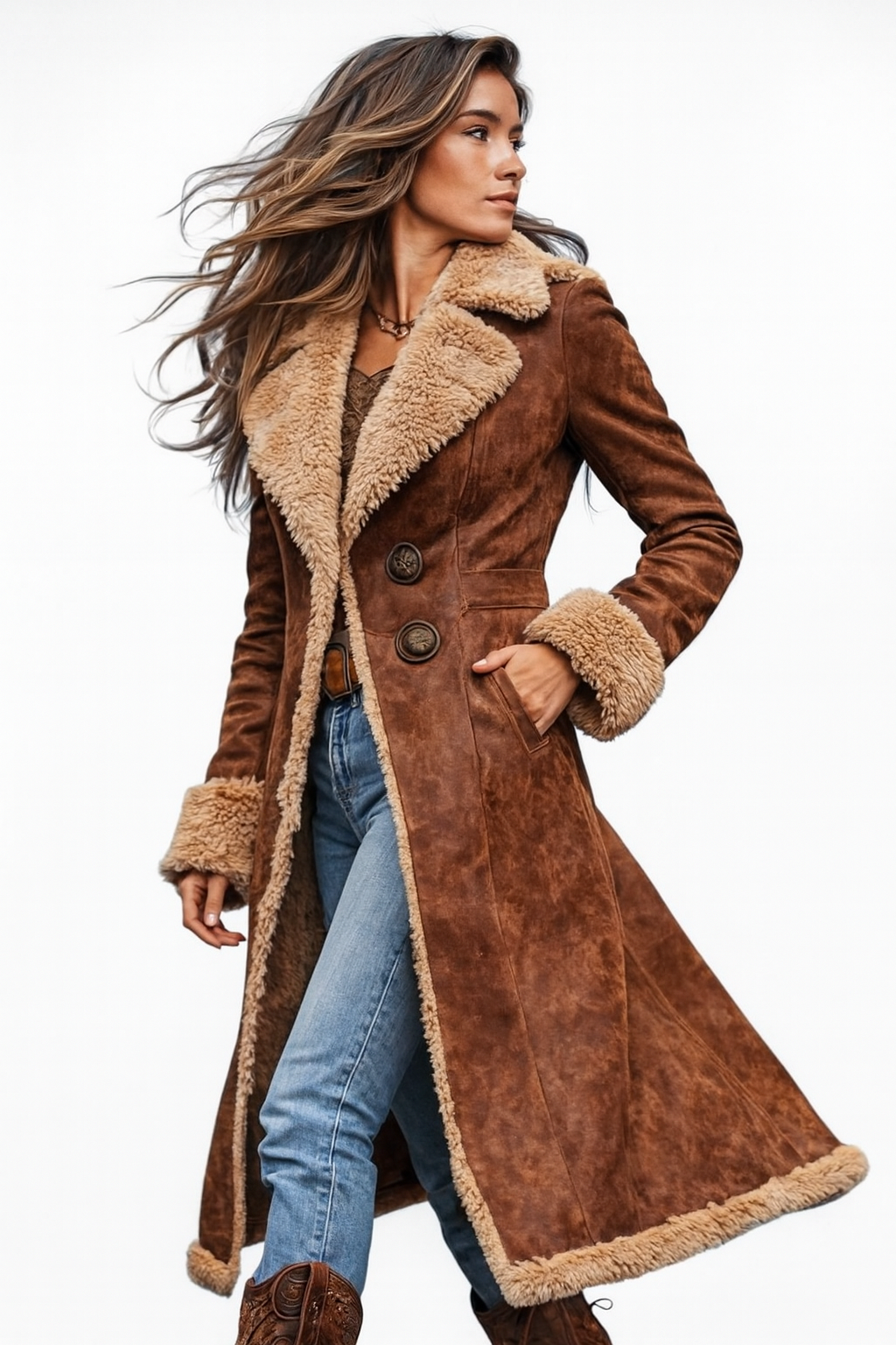 Retro-Stil Lange Jacke für Damen mit Kunstfell-Akzenten
