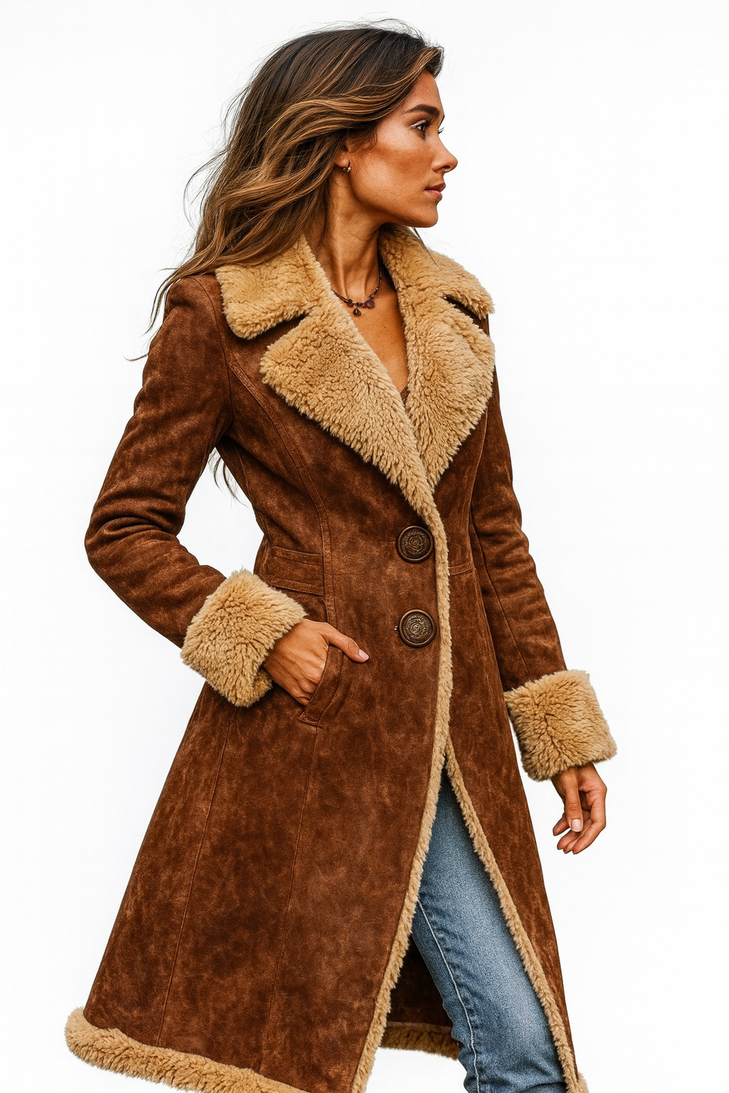 Retro-Stil Lange Jacke für Damen mit Kunstfell-Akzenten