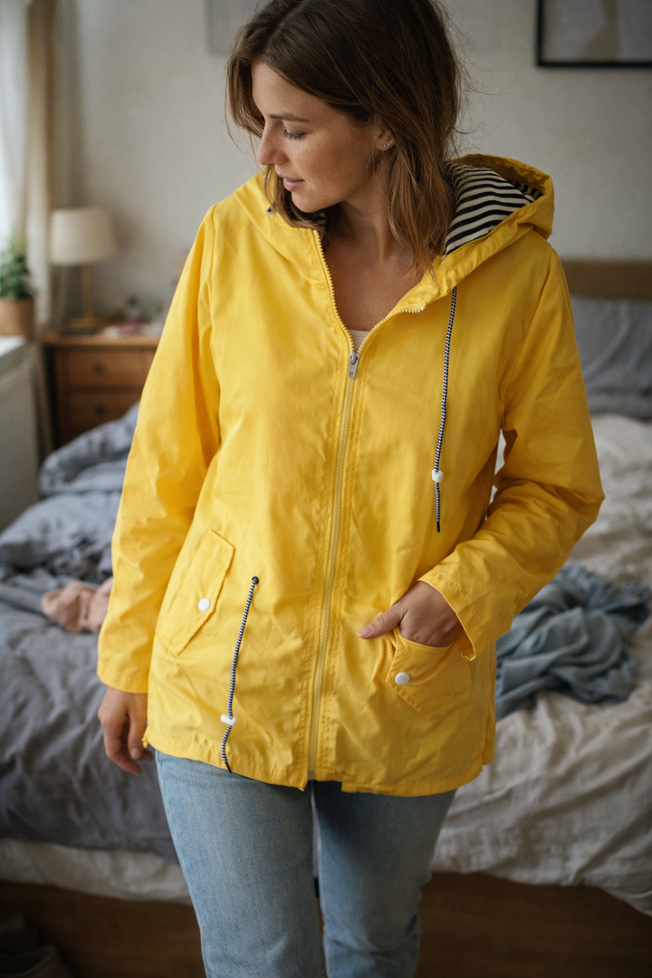 Damen Regenjacke mit langen Ärmeln, Kapuze und Taschen