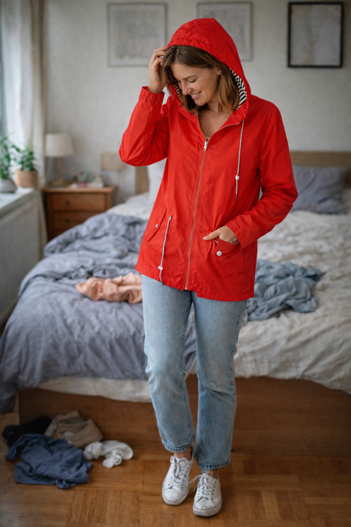 Damen Regenjacke mit langen Ärmeln, Kapuze und Taschen