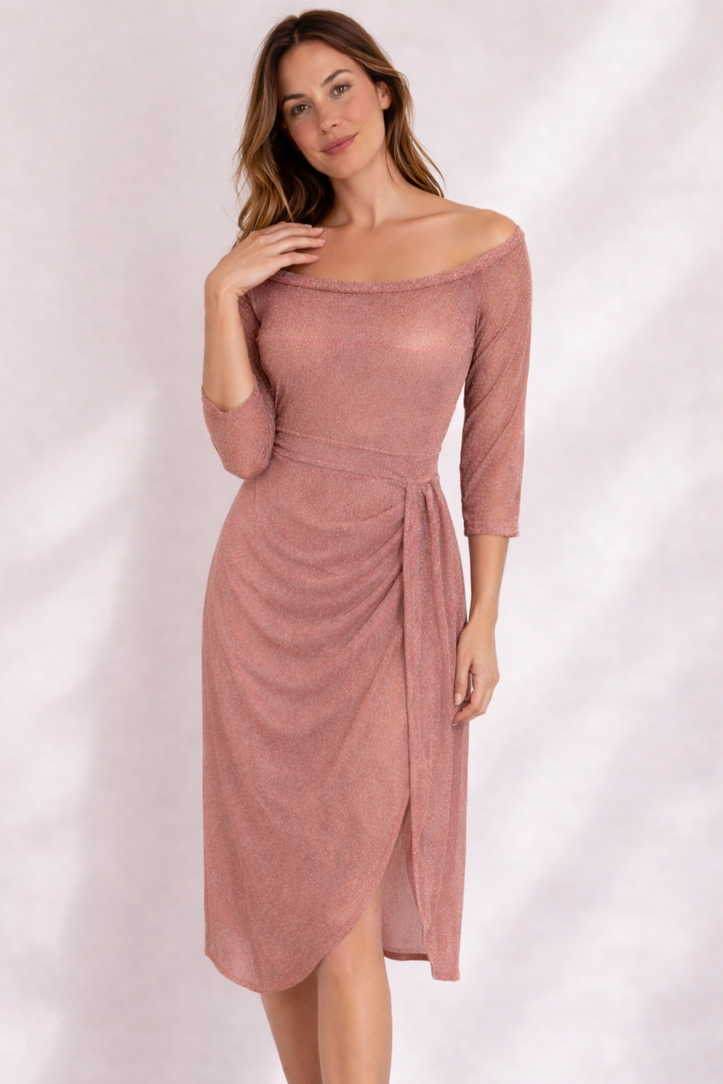 Wickelkleid für Damen mit schulterfreiem Ausschnitt und 3/4-Ärmeln