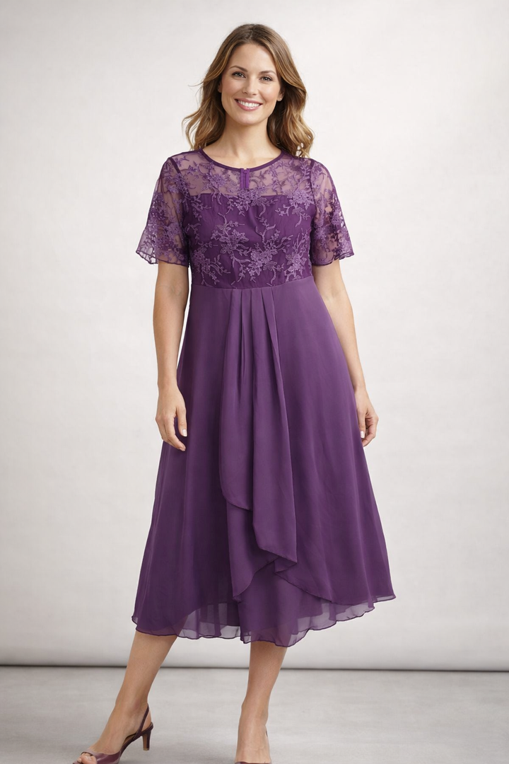 Damen Midikleid mit Spitzenoberteil und kurzen Ärmeln