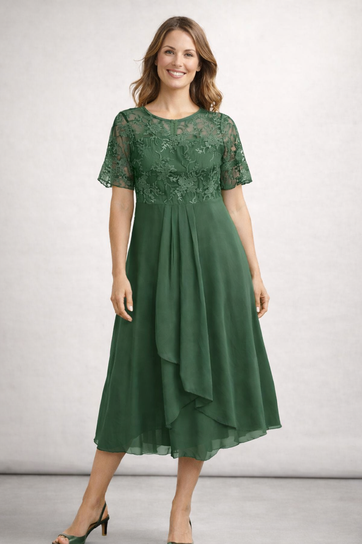 Damen Midikleid mit Spitzenoberteil und kurzen Ärmeln