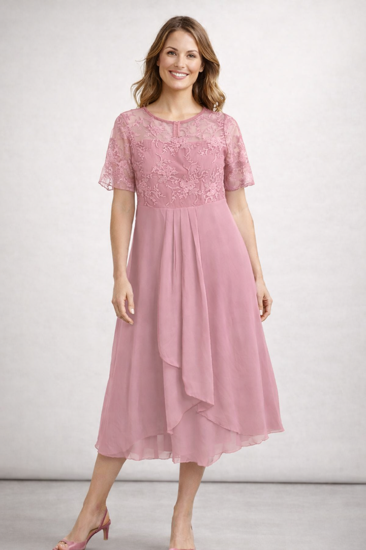 Damen Midikleid mit Spitzenoberteil und kurzen Ärmeln
