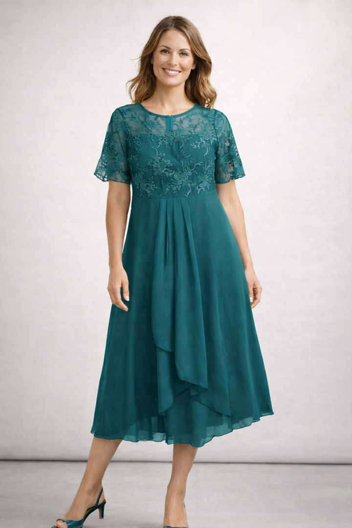 Damen Midikleid mit Spitzenoberteil und kurzen Ärmeln