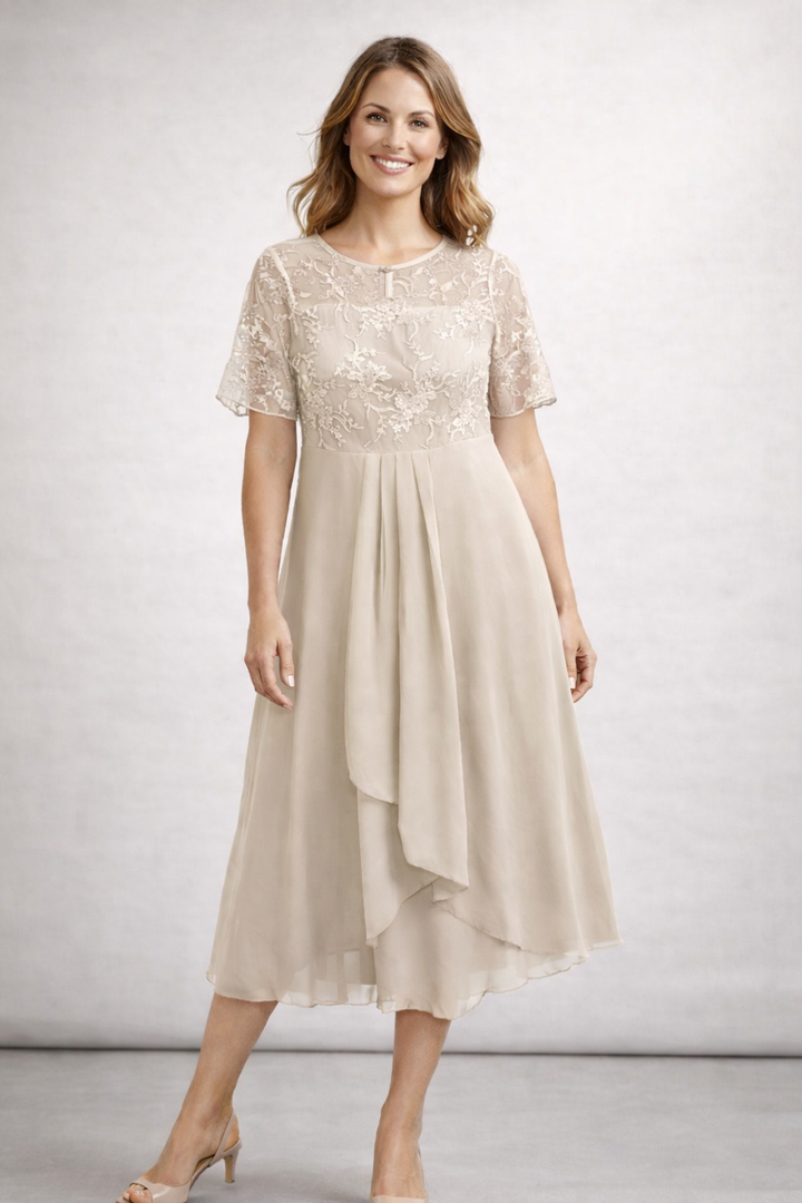 Damen Midikleid mit Spitzenoberteil und kurzen Ärmeln