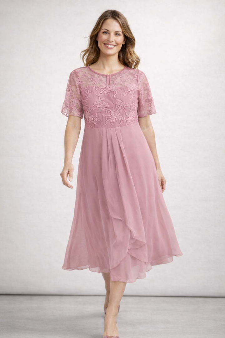 Damen Midikleid mit Spitzenoberteil und kurzen Ärmeln