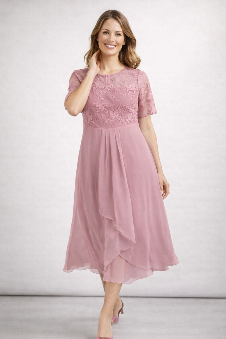 Damen Midikleid mit Spitzenoberteil und kurzen Ärmeln