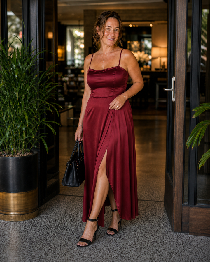 Damen Maxi-Wickelkleid, ärmellos mit Frontschlitz