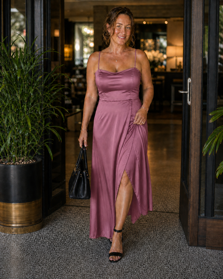 Damen Maxi-Wickelkleid, ärmellos mit Frontschlitz