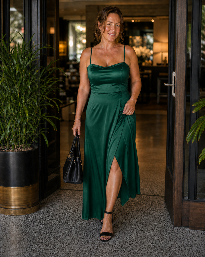 Damen Maxi-Wickelkleid, ärmellos mit Frontschlitz