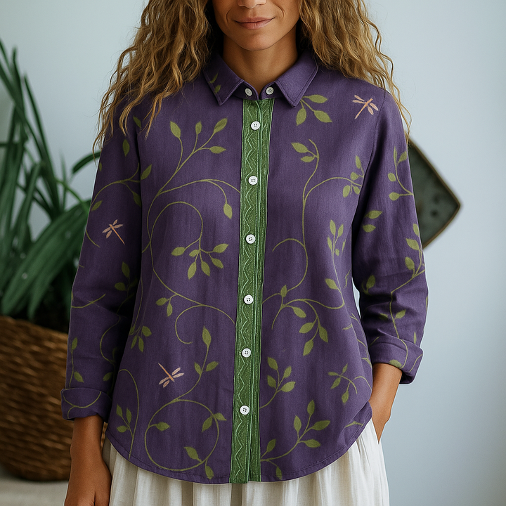 Cara | Vintage Blattbluse für Damen mit langen Ärmeln