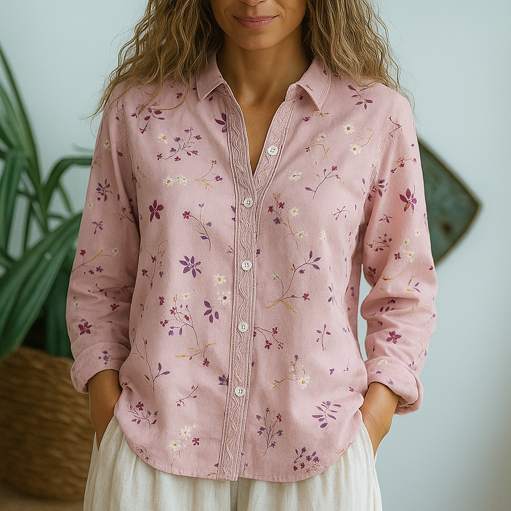 Cara | Vintage Blattbluse für Damen mit langen Ärmeln