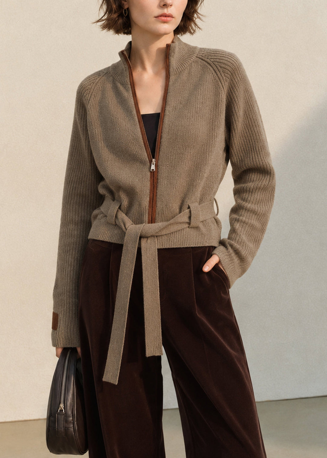 Damen Strickjacke mit Reißverschluss, Stehkragen und Schnürung