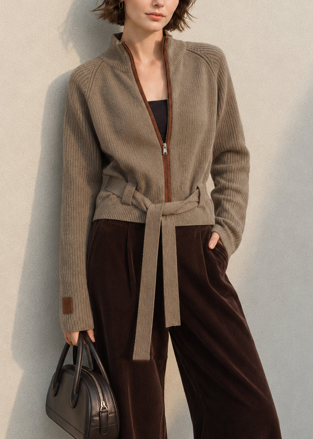 Damen Strickjacke mit Reißverschluss, Stehkragen und Schnürung