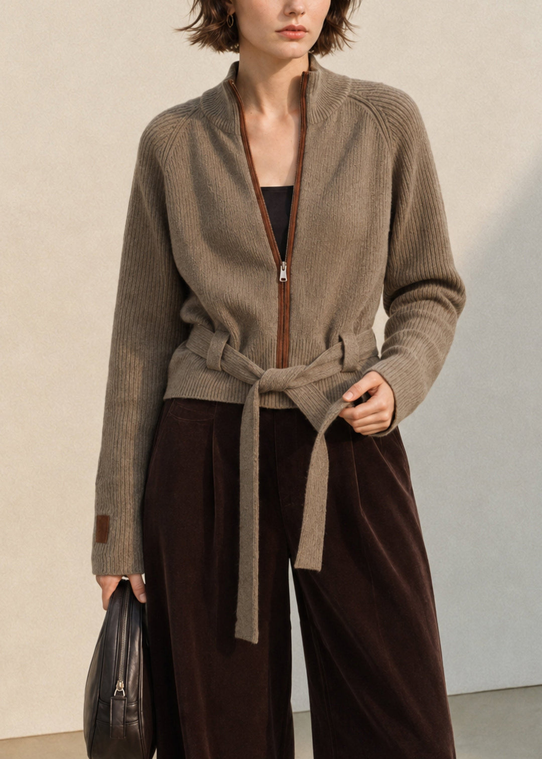 Damen Strickjacke mit Reißverschluss, Stehkragen und Schnürung