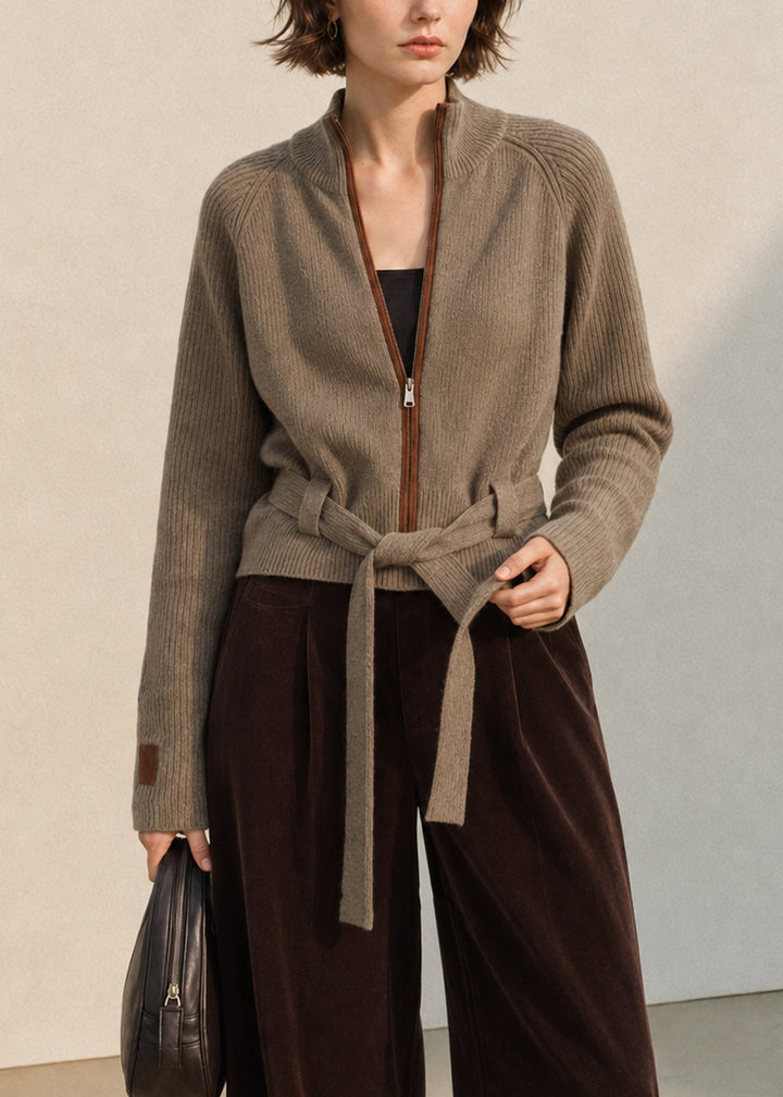 Damen Strickjacke mit Reißverschluss, Stehkragen und Schnürung