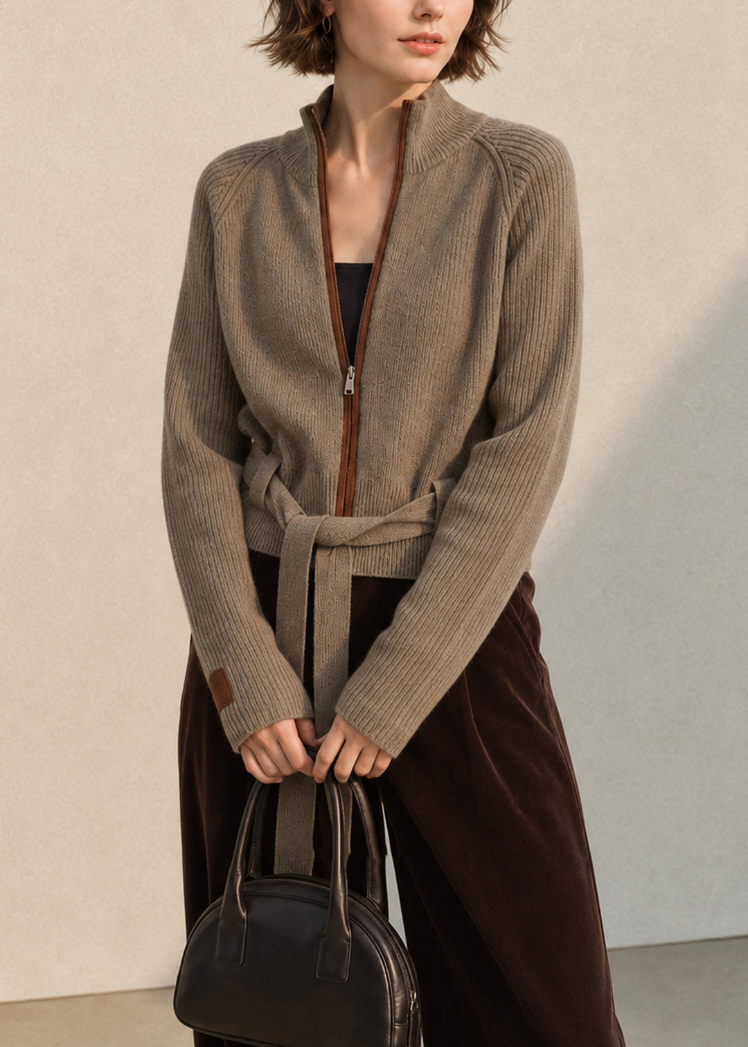 Damen Strickjacke mit Reißverschluss, Stehkragen und Schnürung