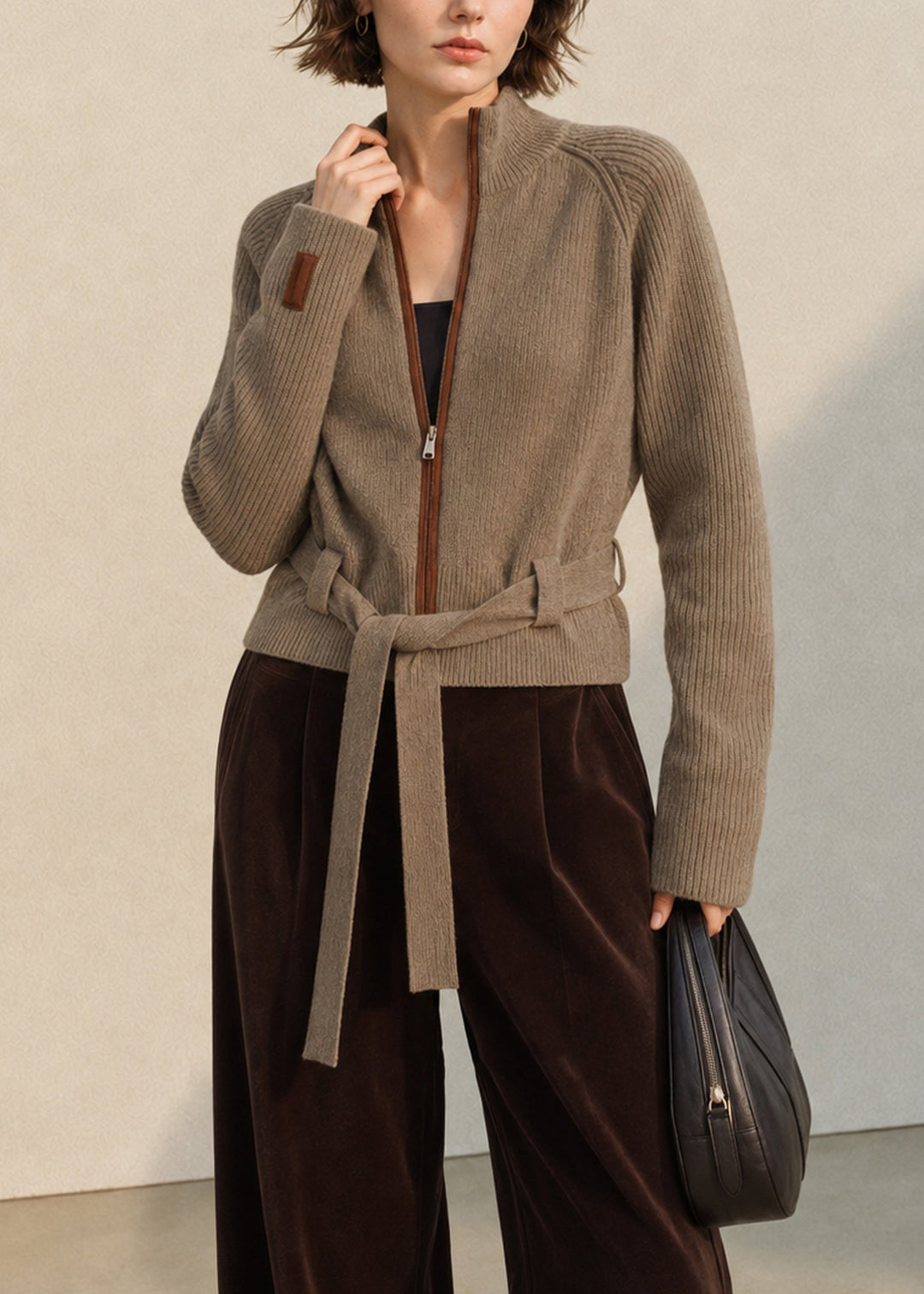 Damen Strickjacke mit Reißverschluss, Stehkragen und Schnürung