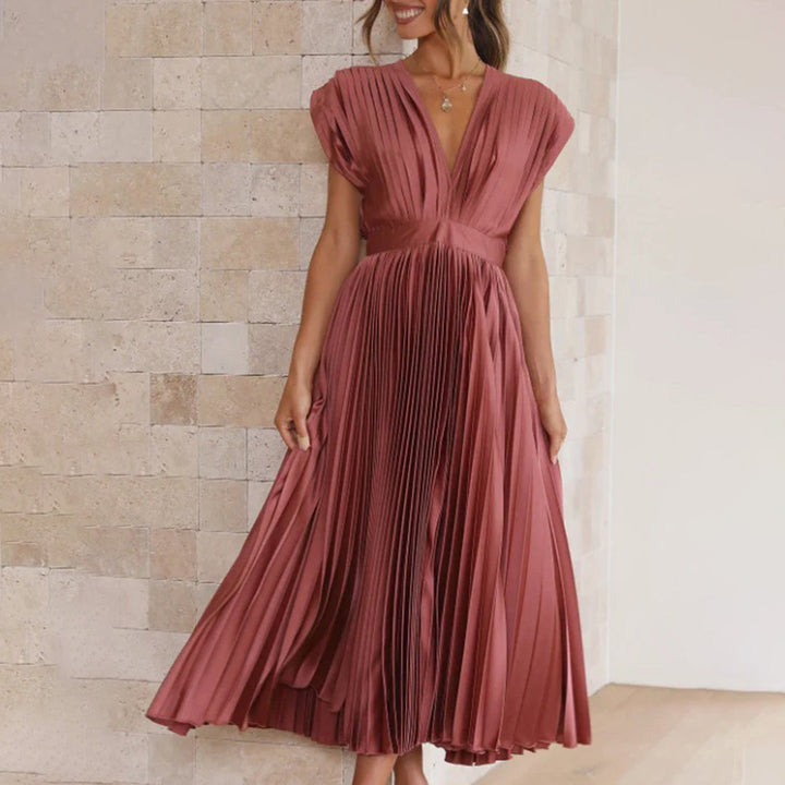 Cassia | Elegantes Midikleid für Damen mit V-Ausschnitt und kurzen Ärmeln
