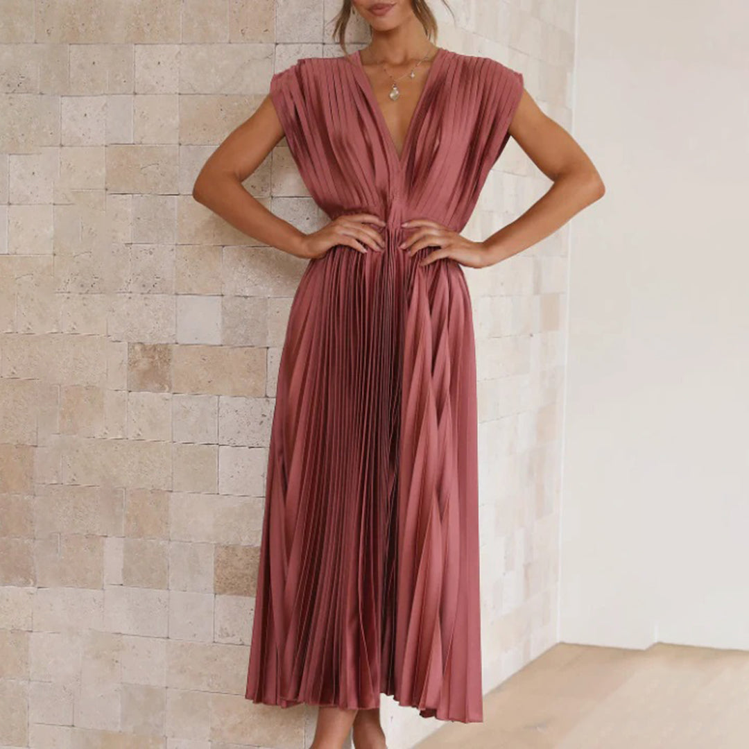 Cassia | Elegantes Midikleid für Damen mit V-Ausschnitt und kurzen Ärmeln