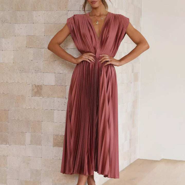 Cassia | Elegantes Midikleid für Damen mit V-Ausschnitt und kurzen Ärmeln